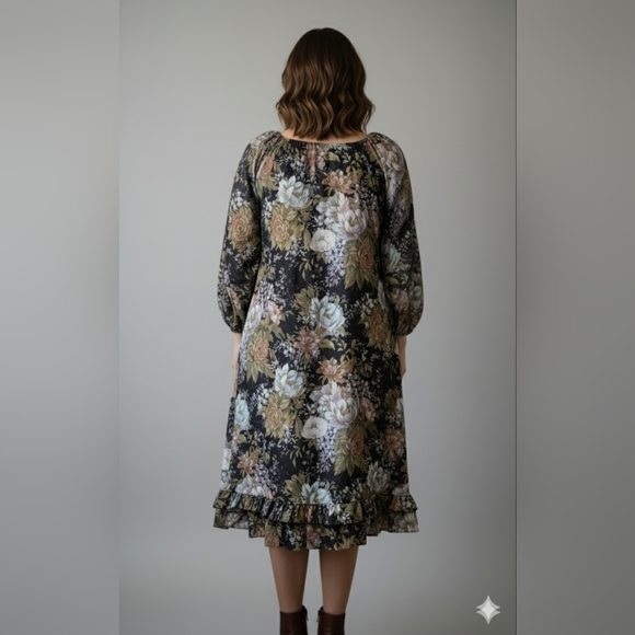 Women's Colorful Long Sleeve Floral Ruffle Midi Dress Size Medium - Picture 9 of 12